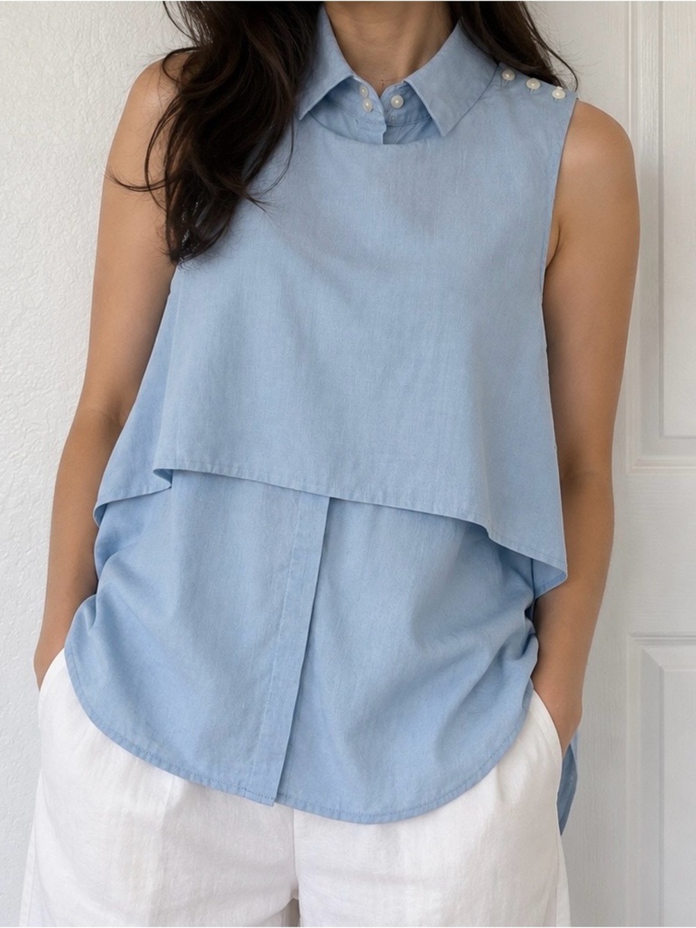 INTERMIX Light Blue Layered Collar Sleeveless Top